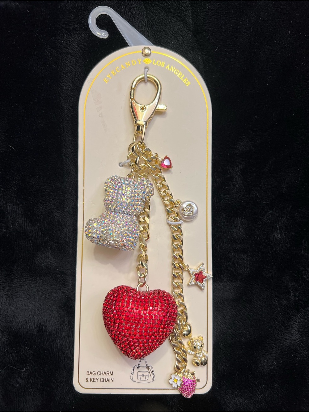 ❤️Eye Candy Los Angeles gold-tone rhinestone bear and red heart bag charm❤️NWT